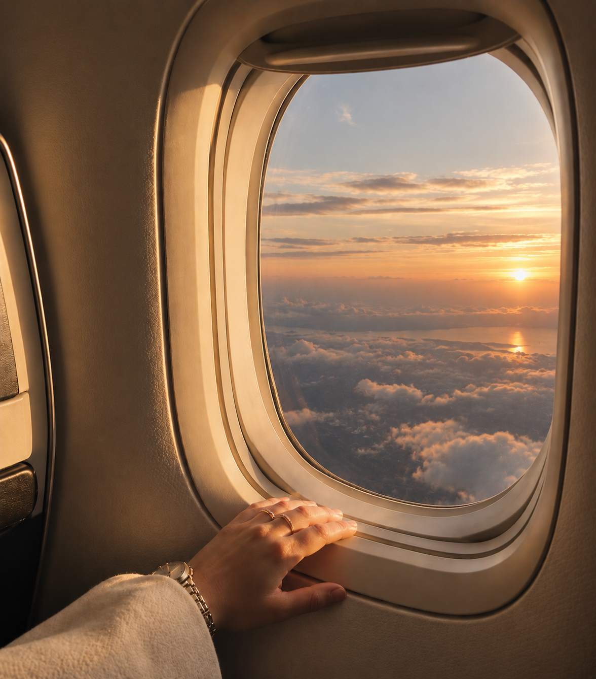 A hand rests on an aircraft window frame, looking out over golden clouds at sunset