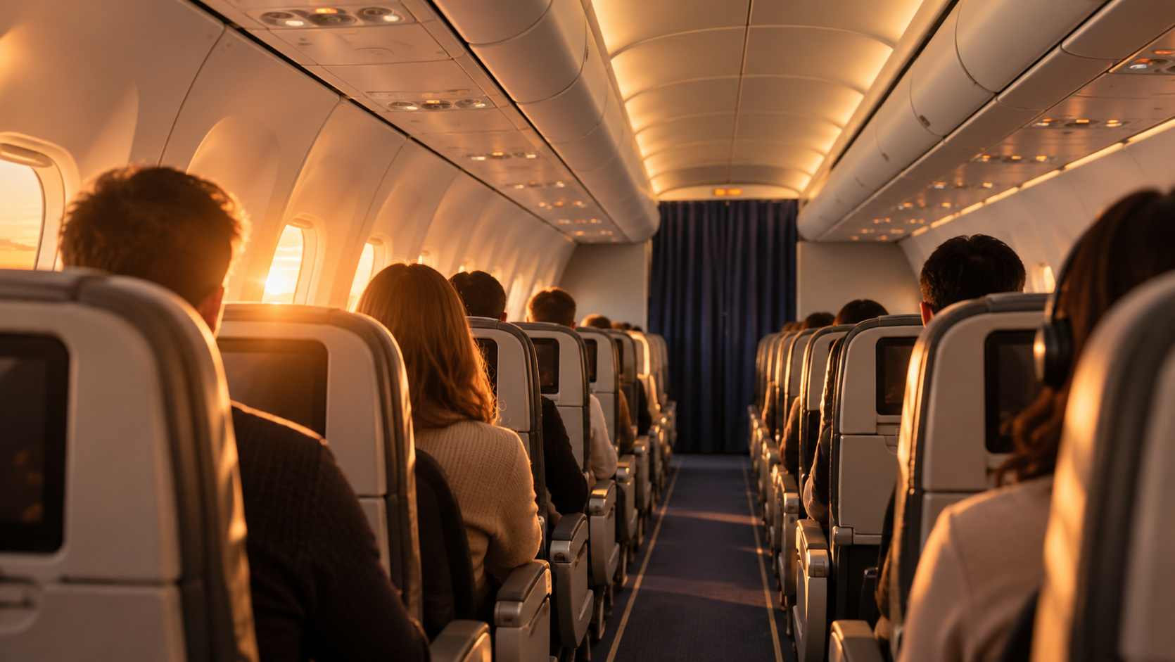 Warmly lit aircraft cabin interior