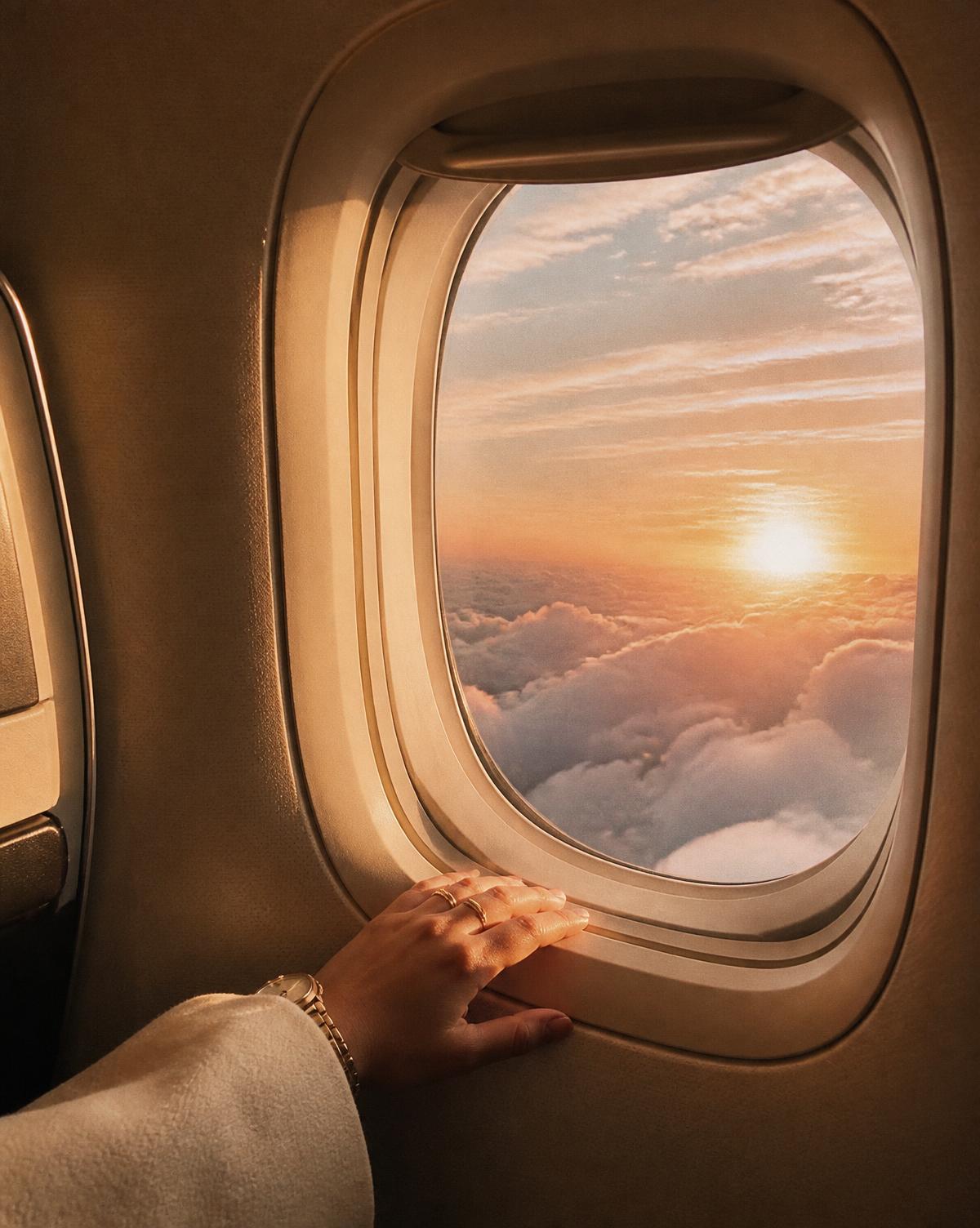 Warm sunrise light through an aircraft window